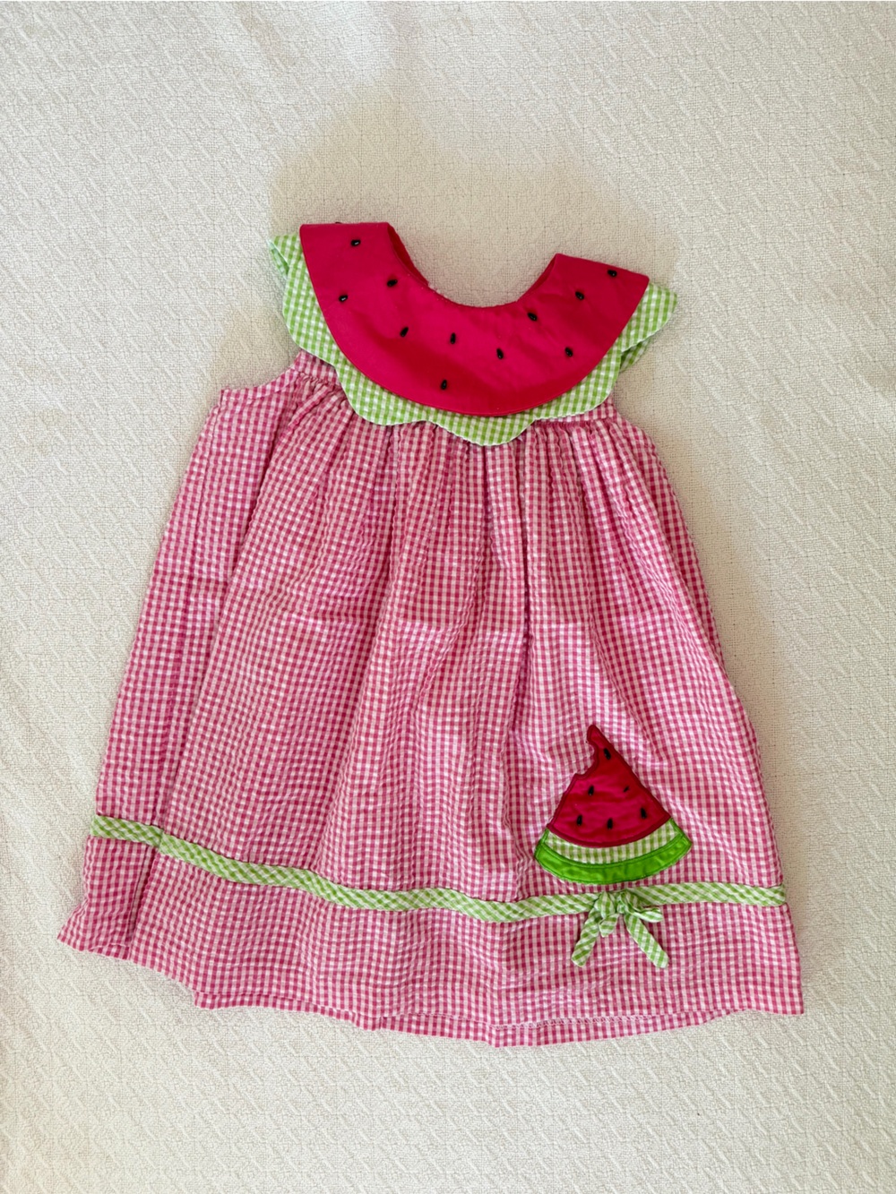 Rare Editions Pink Gingham Watermelon Bib and Applique Dress with Green Trim